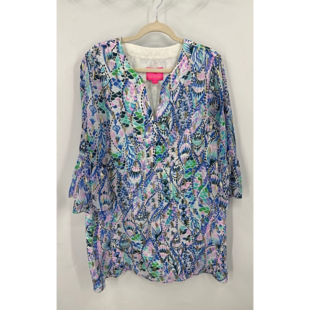 Lilly Pulitzer Elenora Silk in the print "Coastal Blue Tails of the Sea".L